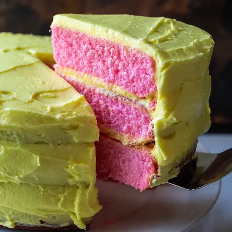 Slice of Easy Pink Lemonade Cake layered with strawberry buttercream and lemon frosting.