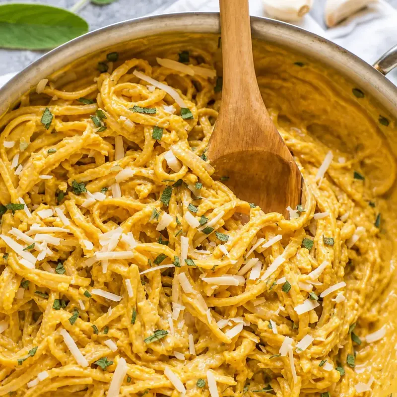 Creamy Easy Pumpkin Pasta Sauce served with pasta and garnished with herbs.