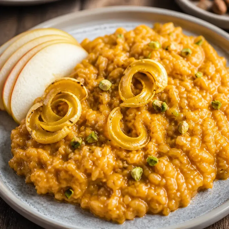 Delicious Easy Pumpkin Risotto topped with parmesan and fresh herbs in a bowl.