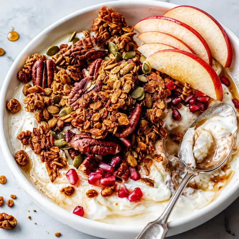 A bowl of Easy Pumpkin Spice Granola with crunchy clusters and fall spices.