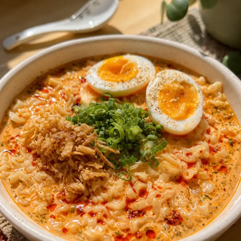 Easy Ramen Carbonara — Buldak Spicy Creamy with soft-boiled egg and green onions