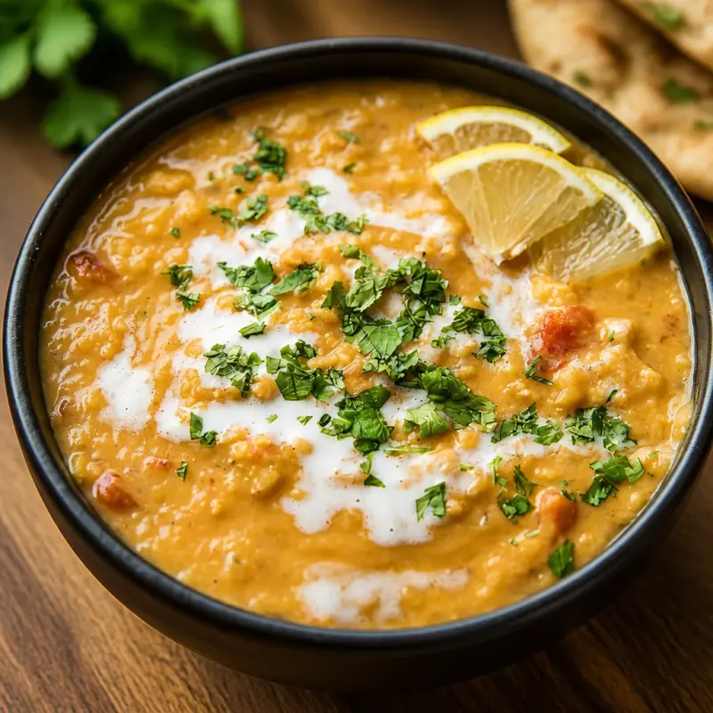 Bowl of Easy Red Lentil Dal served with rice and garnished with cilantro.