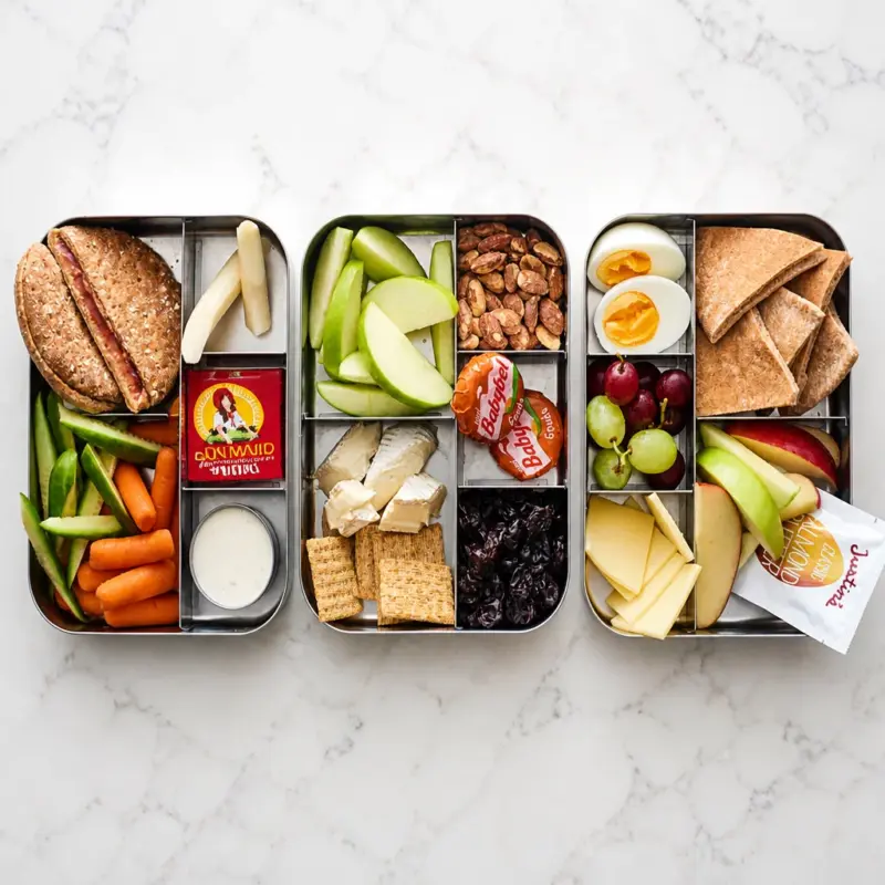 A colorful array of 15 easy school lunch ideas in lunchboxes for kids.