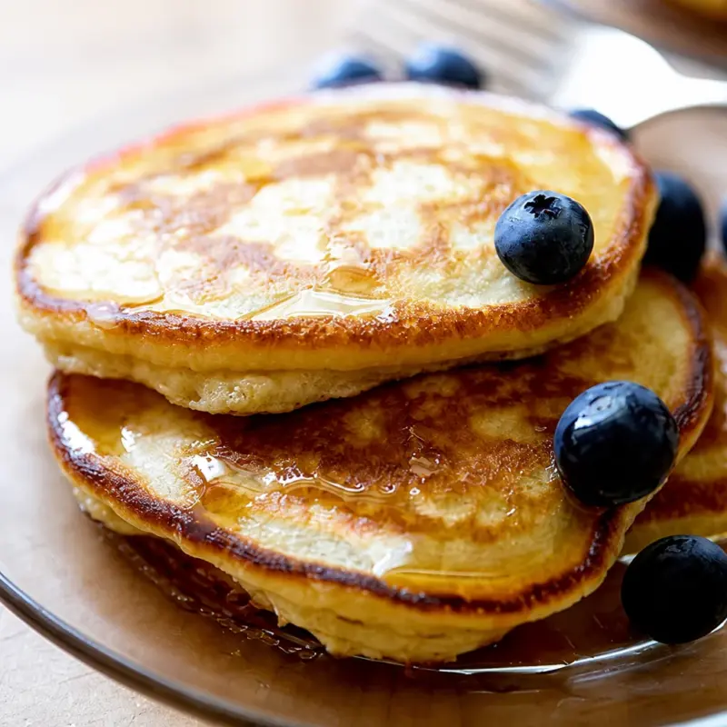 Fluffy easy sourdough discard pancakes stacked on a plate with syrup.