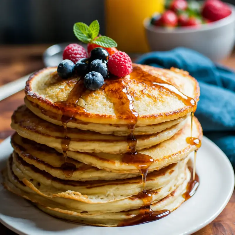 Fluffy sourdough discard pancakes stacked on a plate with syrup and fresh fruit.