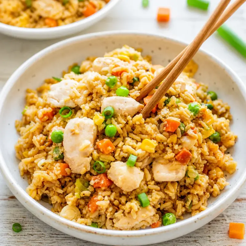 Easy Spicy Chicken Fried Rice with juicy chicken, vegetables, and seasonings in a bowl.