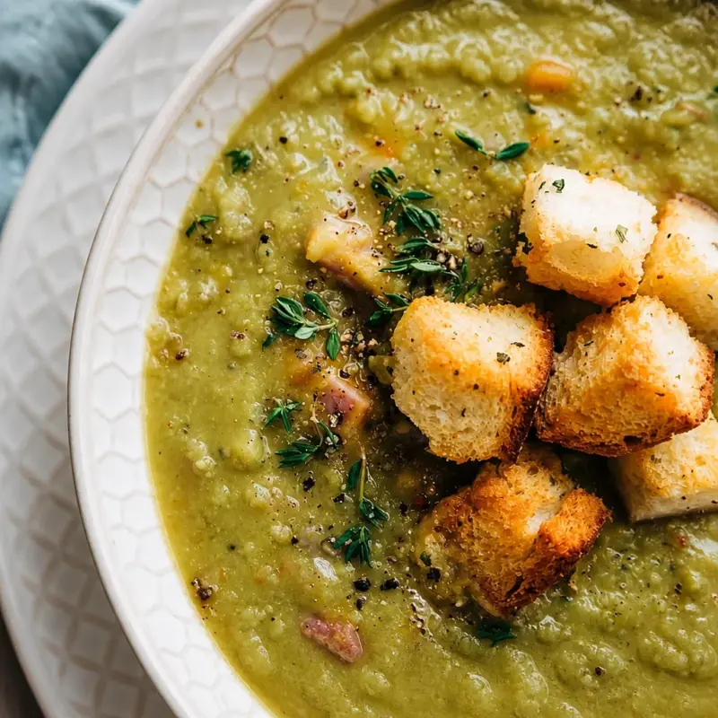 A bowl of easy split pea soup with ham, showcasing tender peas and smoky flavors.