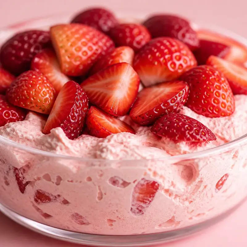 Easy Strawberry Fluffy Jello dessert with fresh strawberries and whipped topping