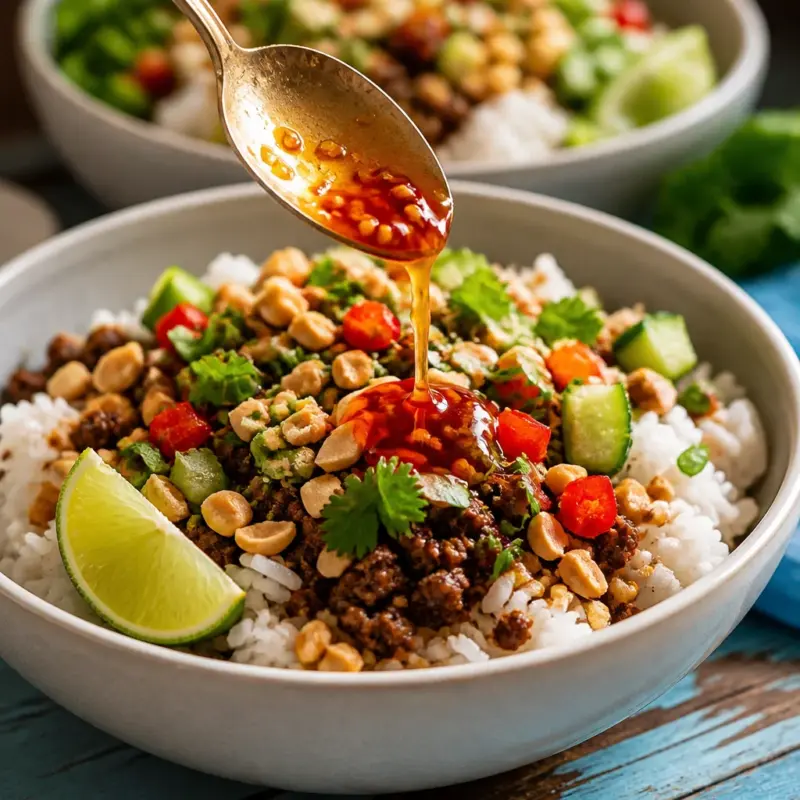 Delicious Easy Sweet Chili Chicken Bowl — Thai Inspired with vibrant colors and flavors.