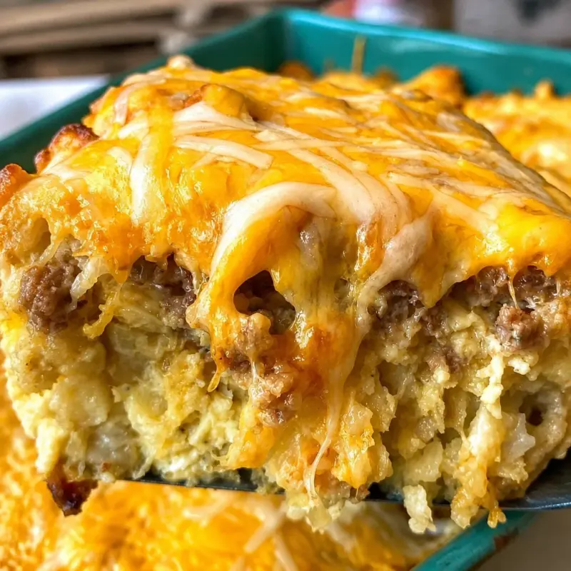 Easy Tater Tot Breakfast Casserole with sausage, eggs, and cheese