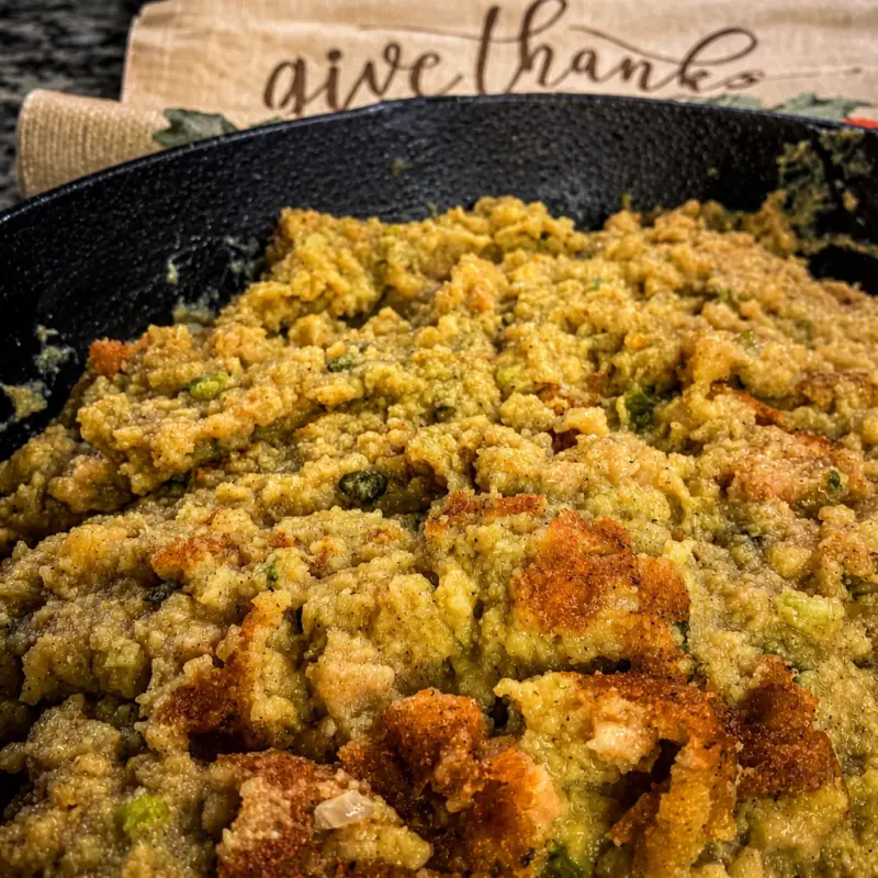Southern-style Easy Thanksgiving Cornbread Stuffing with celery and sage.