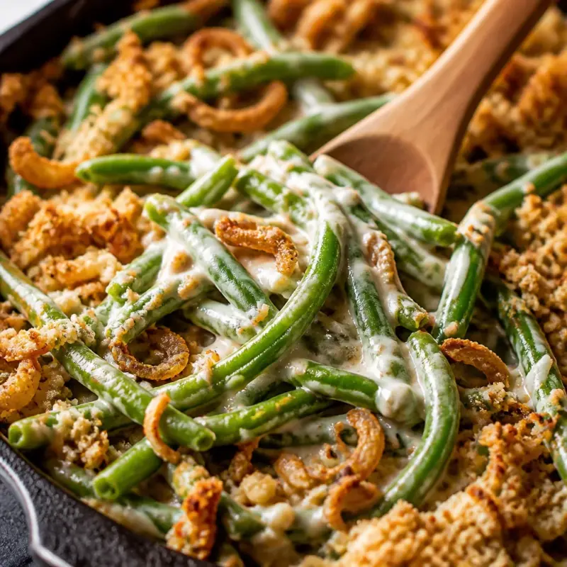 Easy Thanksgiving Green Bean Casserole topped with crispy fried onions and homemade sauce.