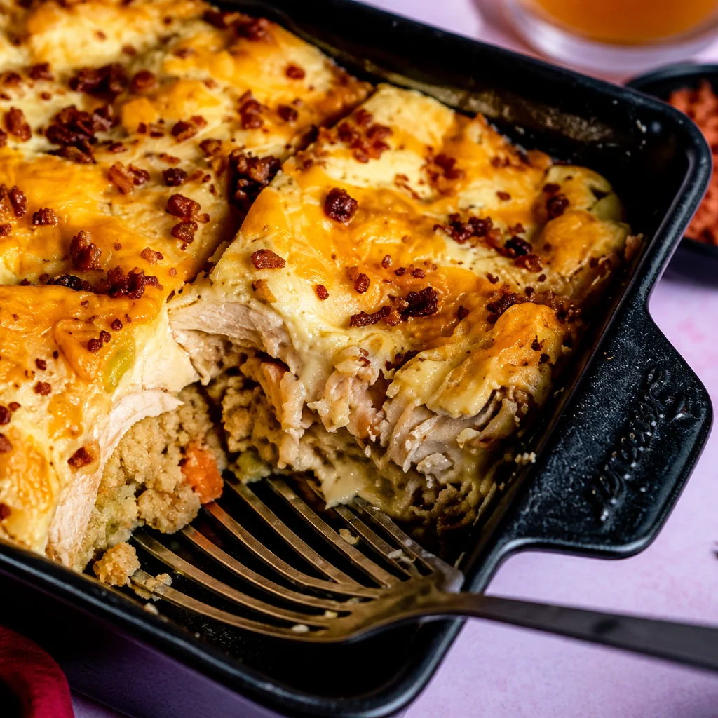 Delicious easy Thanksgiving leftover casserole with turkey and stuffing layers