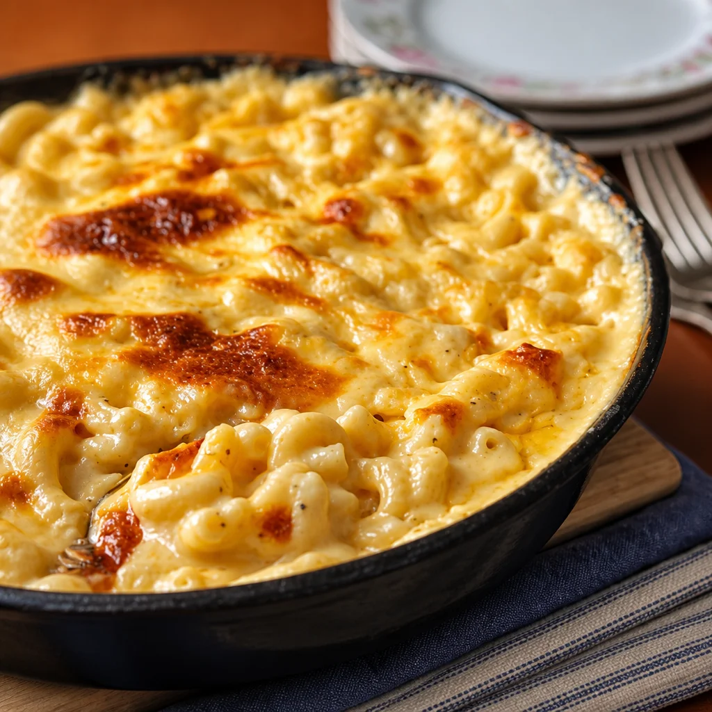 Creamy Baked Mac and Cheese with a crunchy topping, perfect for Thanksgiving.