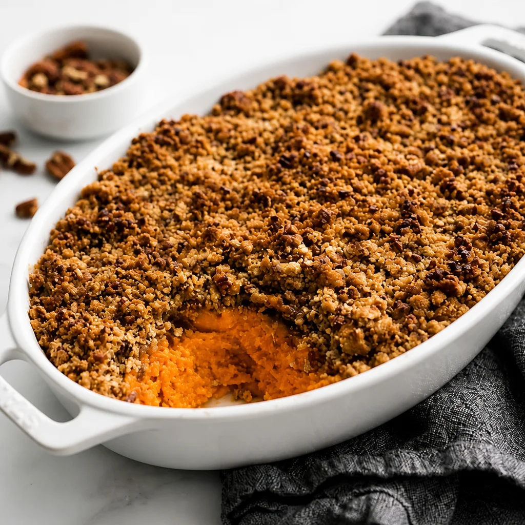 Delicious Easy Thanksgiving Sweet Potato Casserole with Pecan topping ready to serve.
