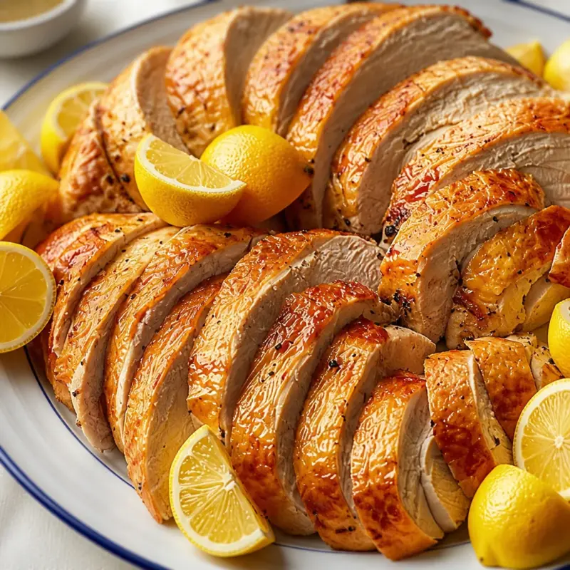 Oven roasted turkey breast with crispy skin and flavorful herbs for Thanksgiving dinner.