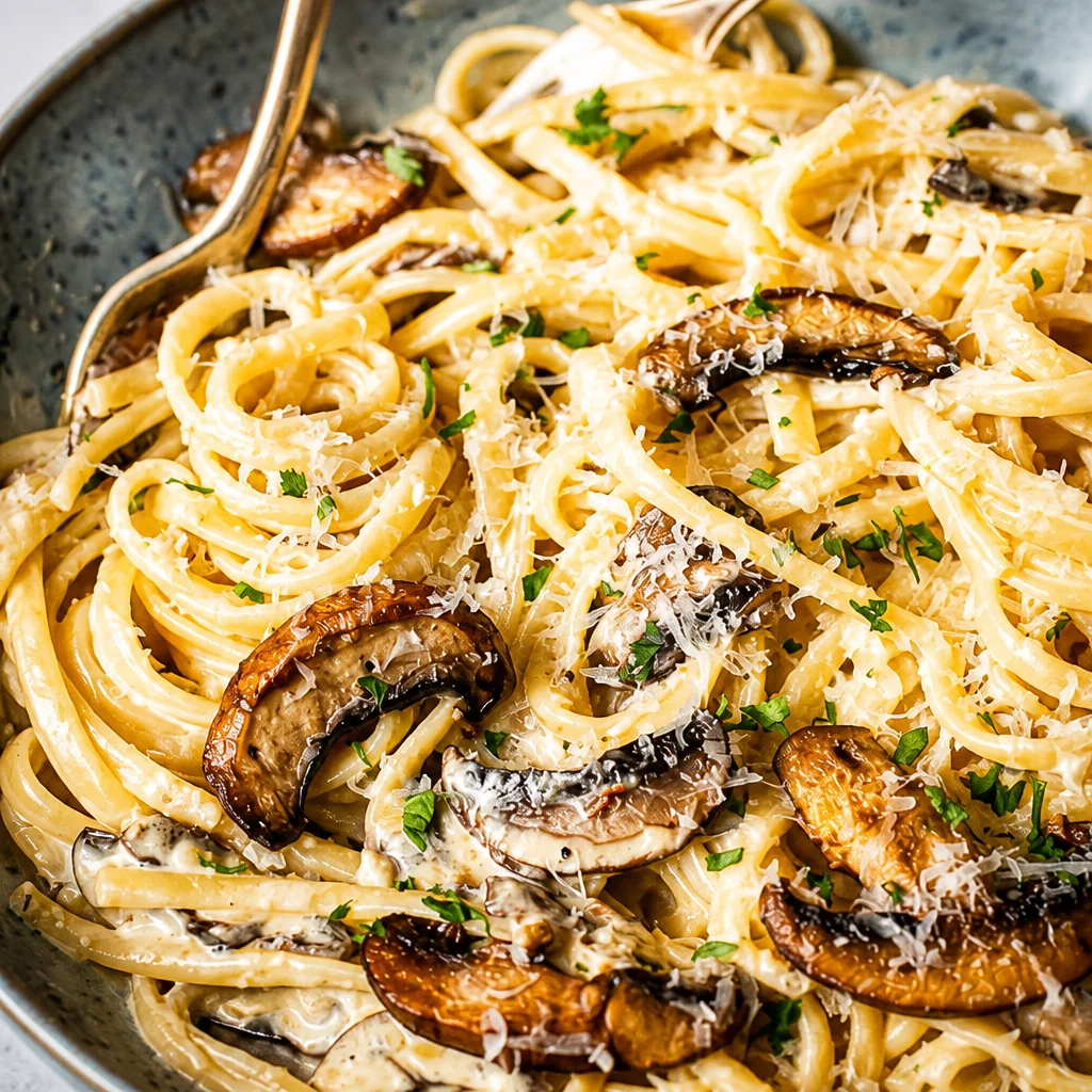 Plate of Easy Truffle Pasta with creamy mushroom sauce, perfect for a romantic dinner.