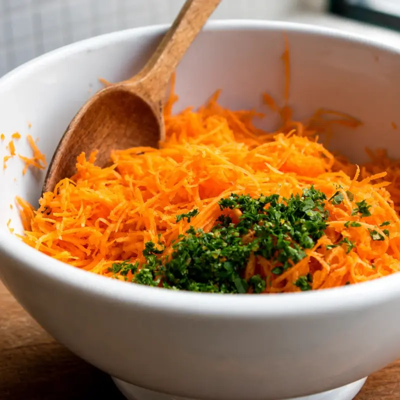 Bowl of Easy Viral Carrot Salad with French Grated Mustard dressing and fresh herbs.