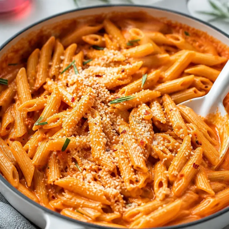 Delicious creamy tomato penne pasta with vodka, topped with herbs and spices.