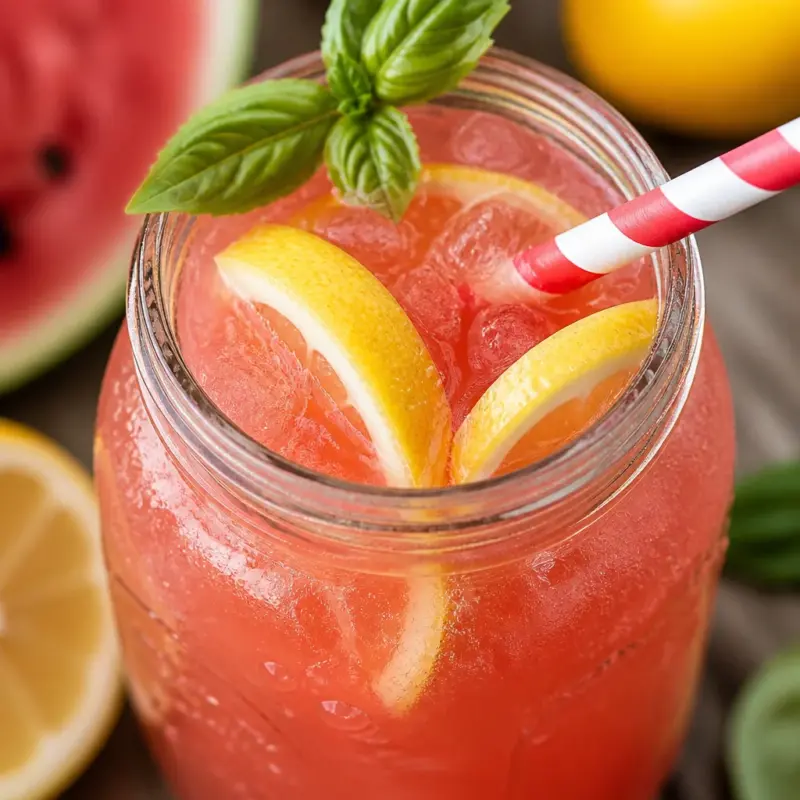 Refreshing Easy Watermelon Basil Lemonade with watermelon, basil, and lemon slices.