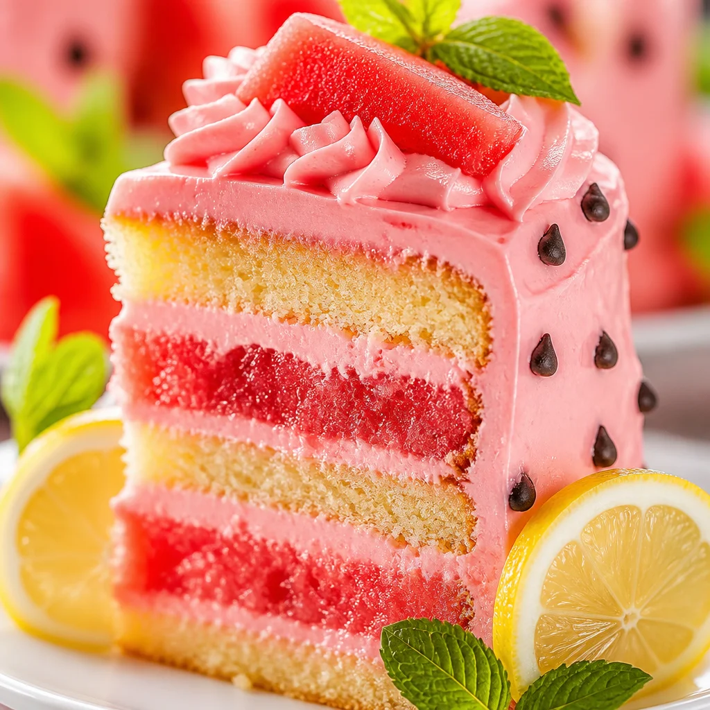 Slice of Easy Watermelon Lemonade Cake garnished with fresh mint and lemon slices.
