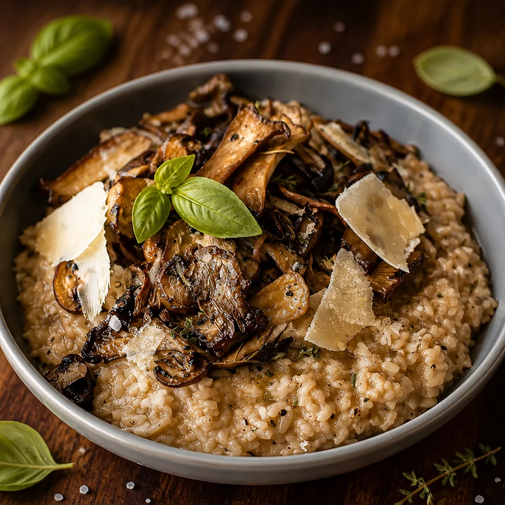 Delicious Easy Wild Mushroom Risotto topped with Creamy Parmesan