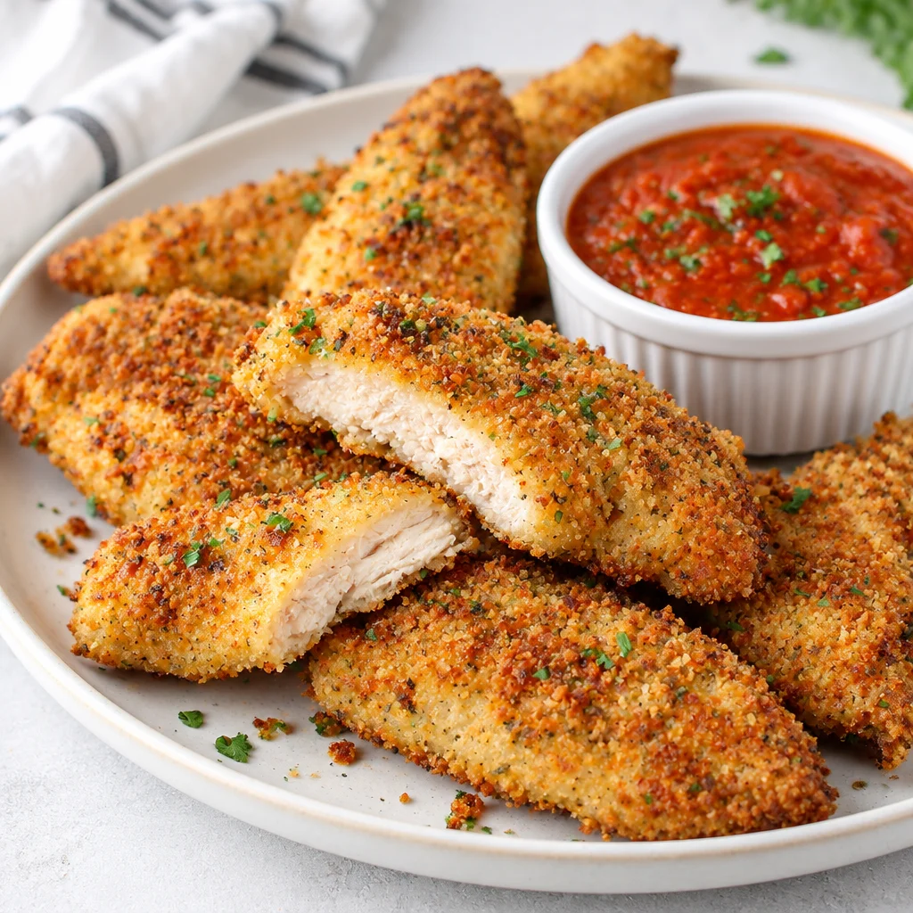 Crispy oven-baked Parmesan chicken tenders served with garlic butter.