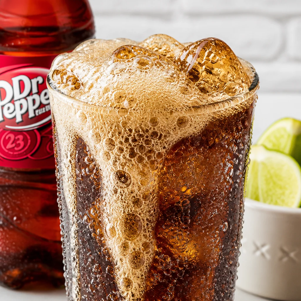 Refreshing Dirty Dr Pepper drink served with ice and garnish.