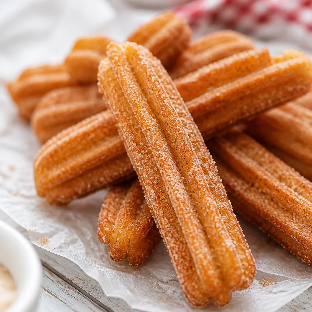 Delicious easy air fryer churros dusted with cinnamon sugar in a serving dish.