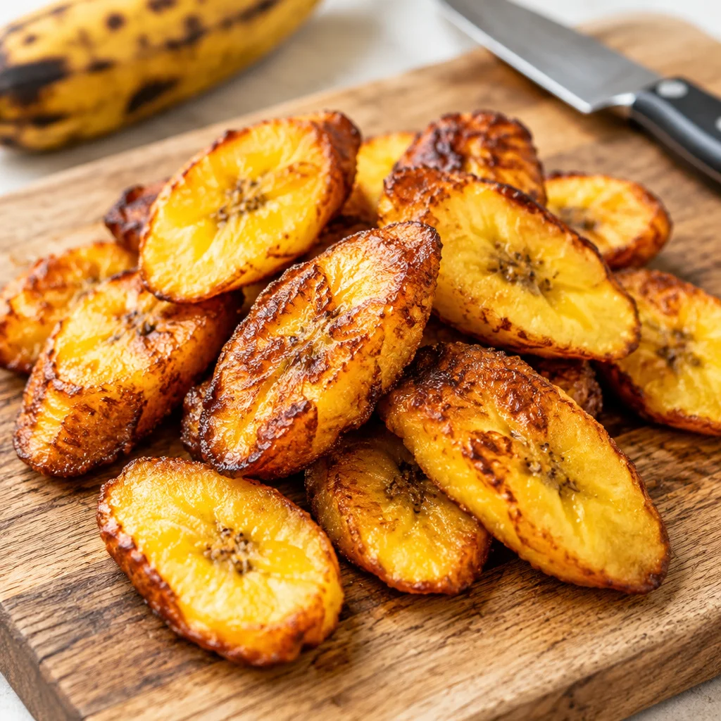 Delicious air fryer plantains cooked to golden perfection, ready to serve.