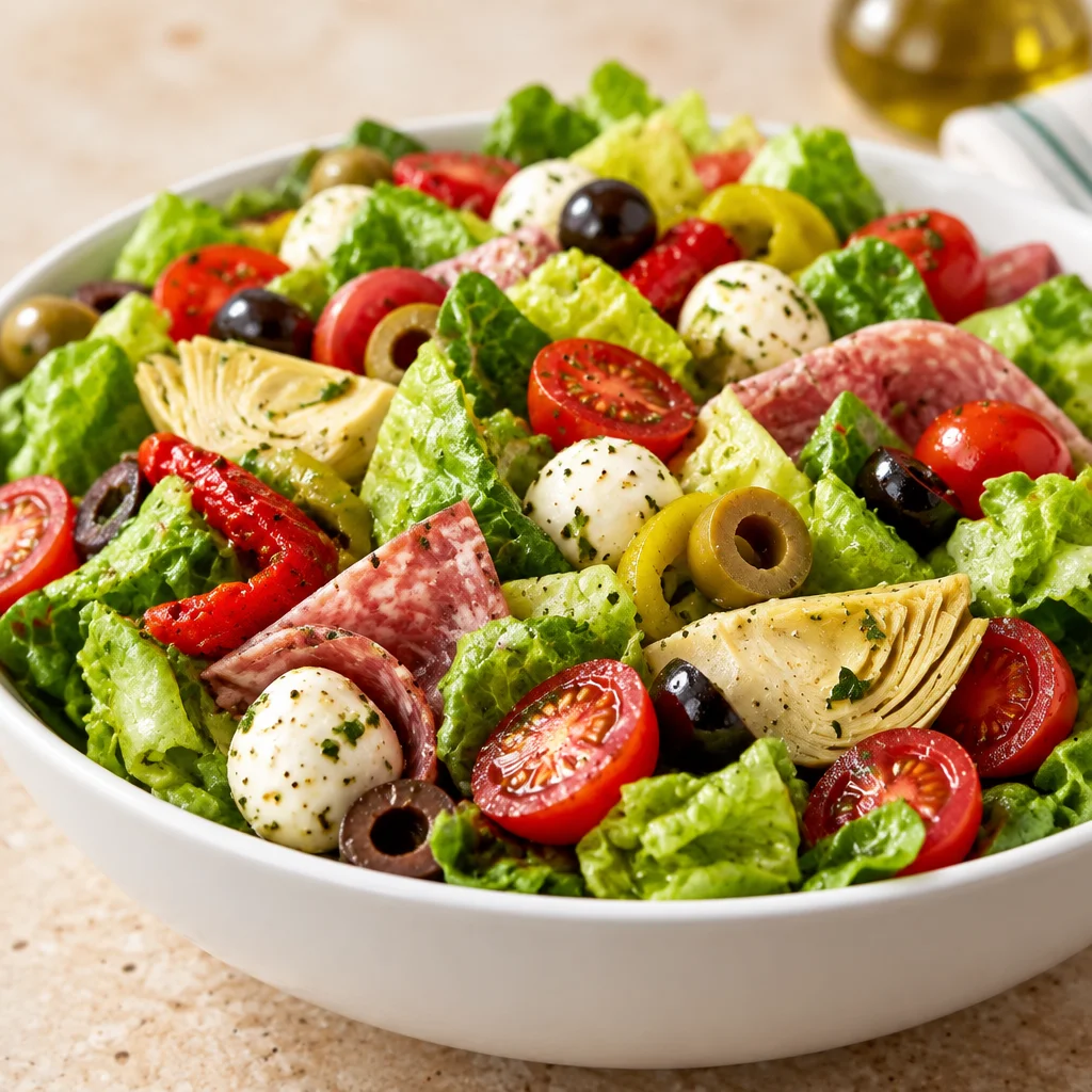 Colorful easy antipasto salad with salami, mozzarella, olives, and veggies