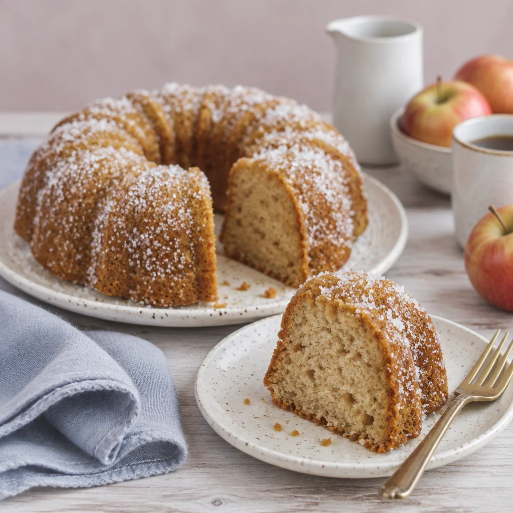 Moist and spiced Easy Apple Cider Donut Bundt Cake with cinnamon sugar coating.