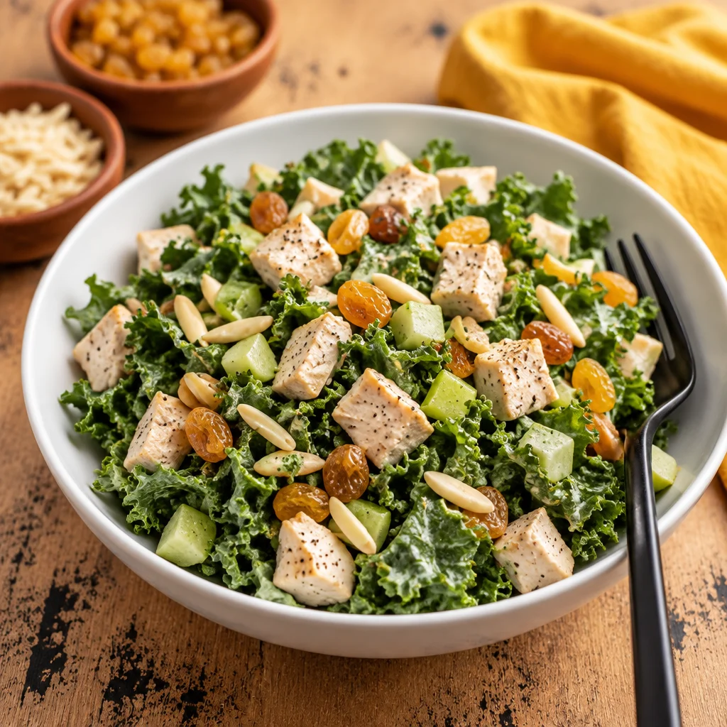 Vibrant kale chicken salad with colorful ingredients and a tangy dressing.