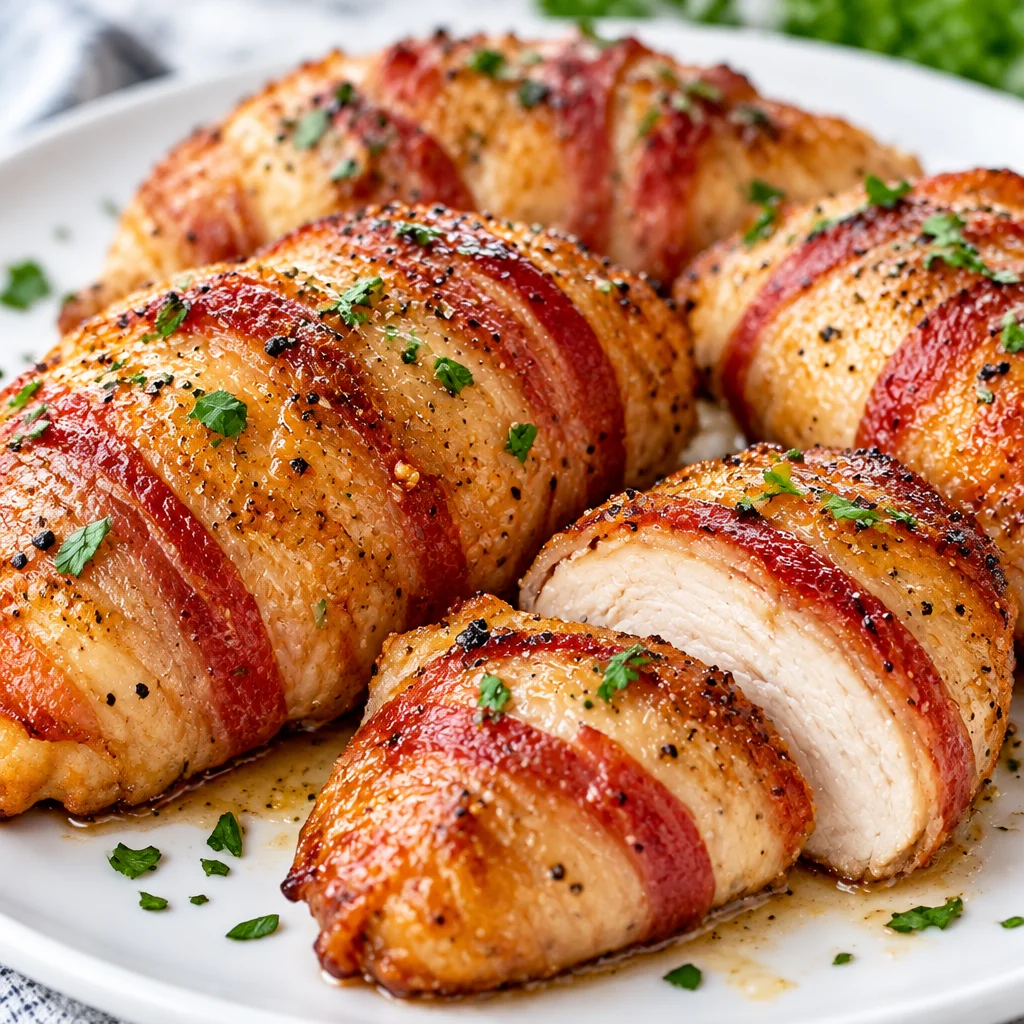 Juicy bacon wrapped chicken breast baked to perfection with crispy bacon