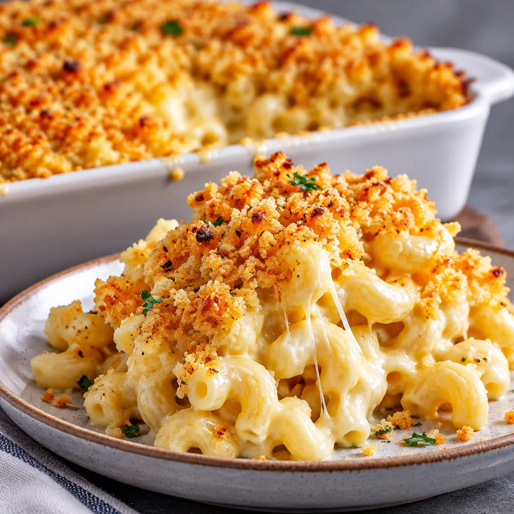 Delicious Easy Baked Mac and Cheese Recipe with creamy cheese sauce and crunchy topping