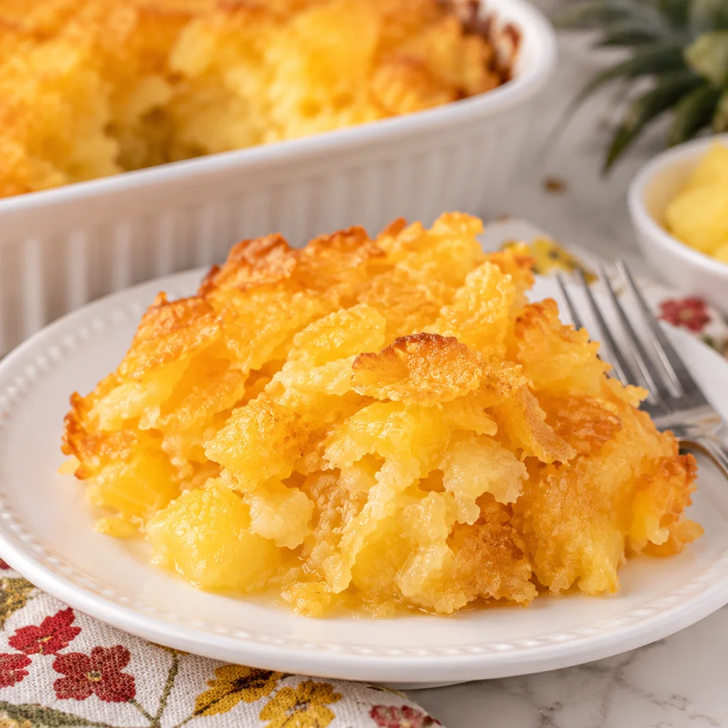 Delicious baked pineapple casserole served in a dish with golden crust and pineapple chunks.