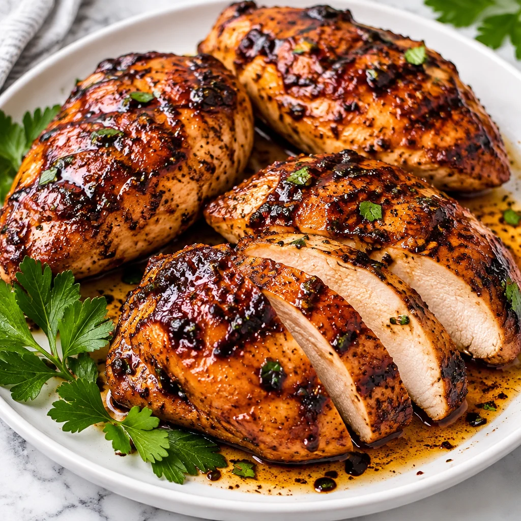 Balsamic chicken marinated in a savory blend of garlic, olive oil, and balsamic vinegar.