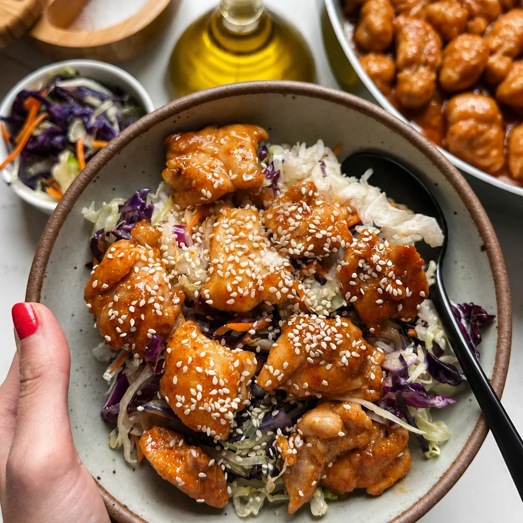Easy Bang Bang Chicken Bowl with sweet spicy sauce and fresh vegetables over rice.