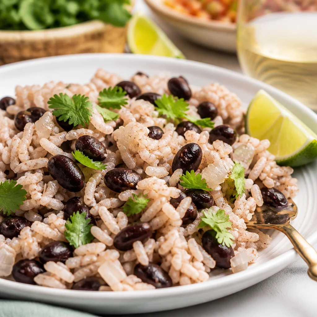Delicious Easy Black Beans and Rice served in a bowl with a sprinkle of fresh herbs.
