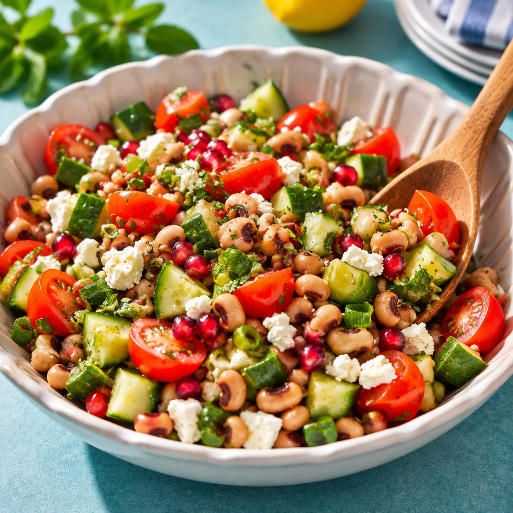 A colorful black eyed pea salad with tomatoes, cucumbers, and a zesty dressing.