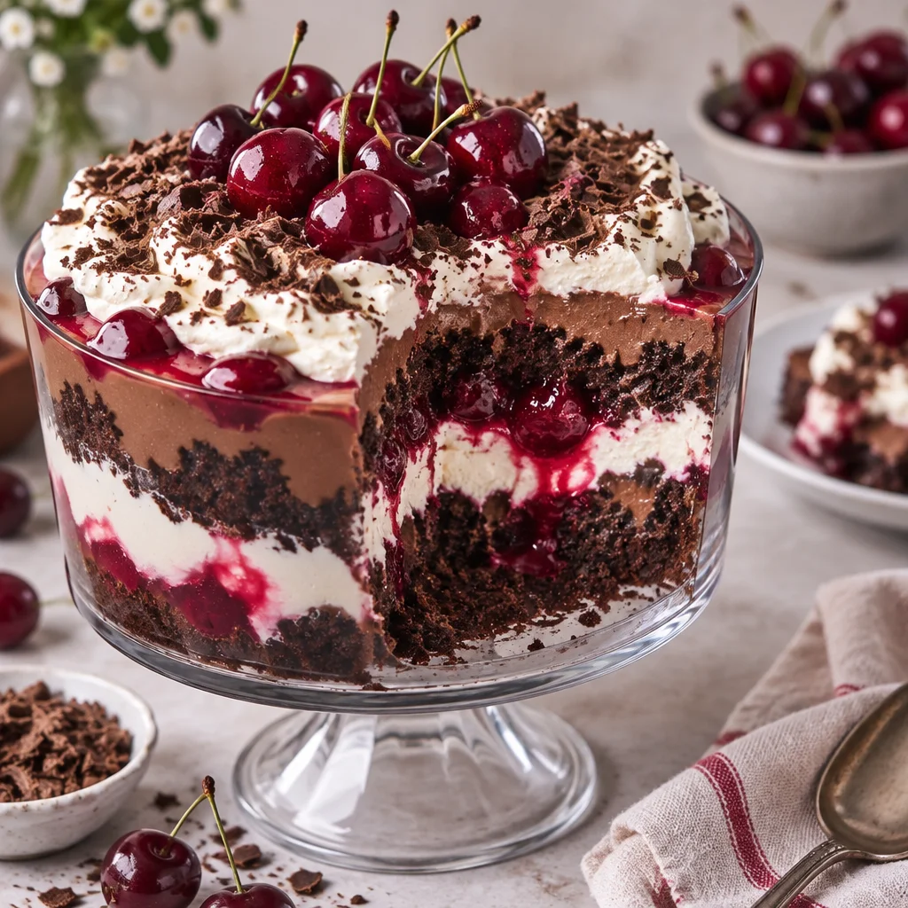 Easy Black Forest Trifle with chocolate cake layers, cherry filling, and whipped cream.