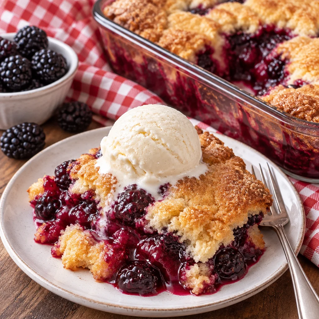 Delicious homemade blackberry cobbler with golden biscuit topping.