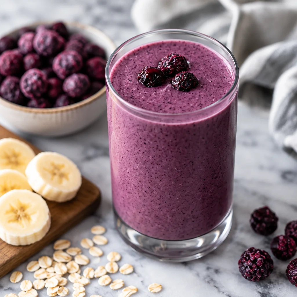 Delicious blueberry banana smoothie made with frozen blueberries and ripe bananas.