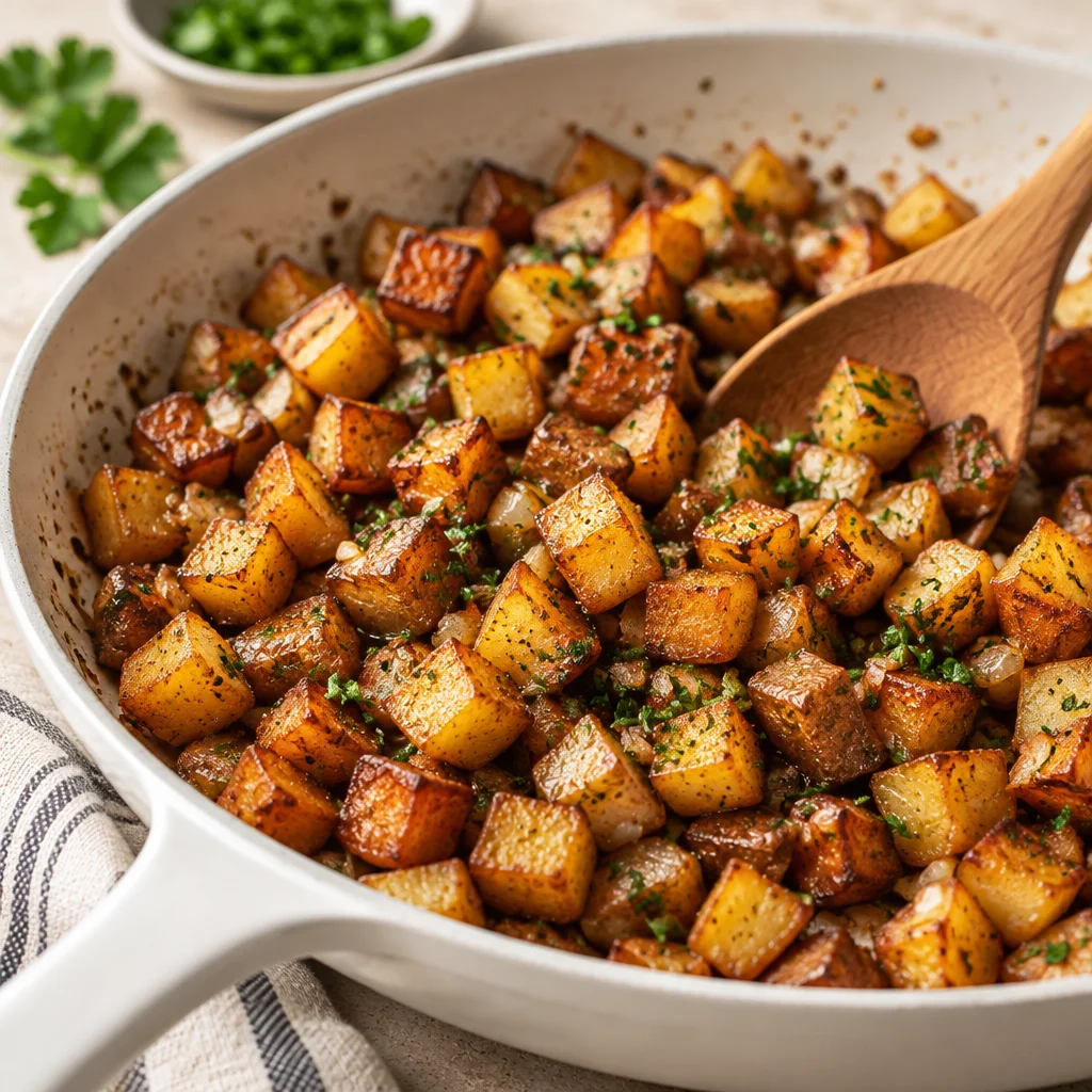 Crispy skillet breakfast potatoes served with eggs for a hearty brunch.
