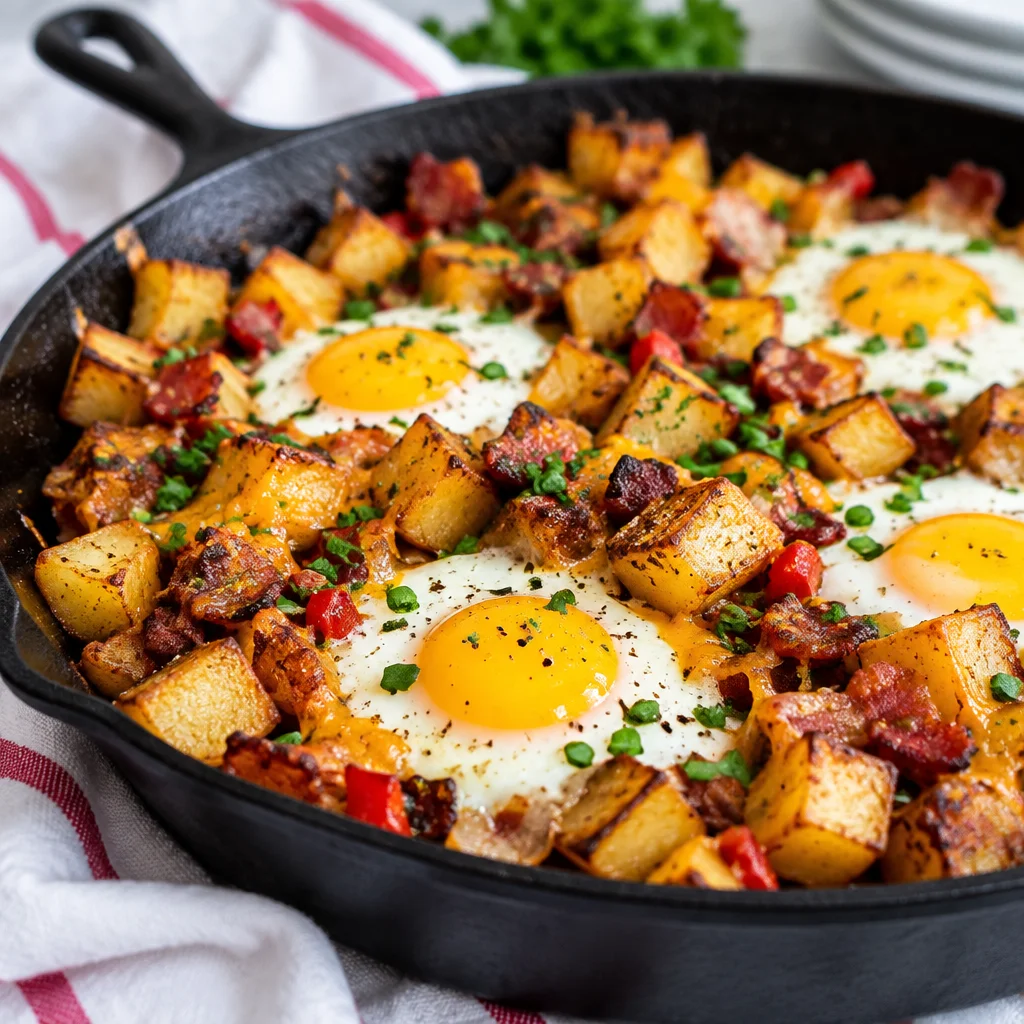 Easy Breakfast Skillet Recipe with egg and potato in a cast iron pan.