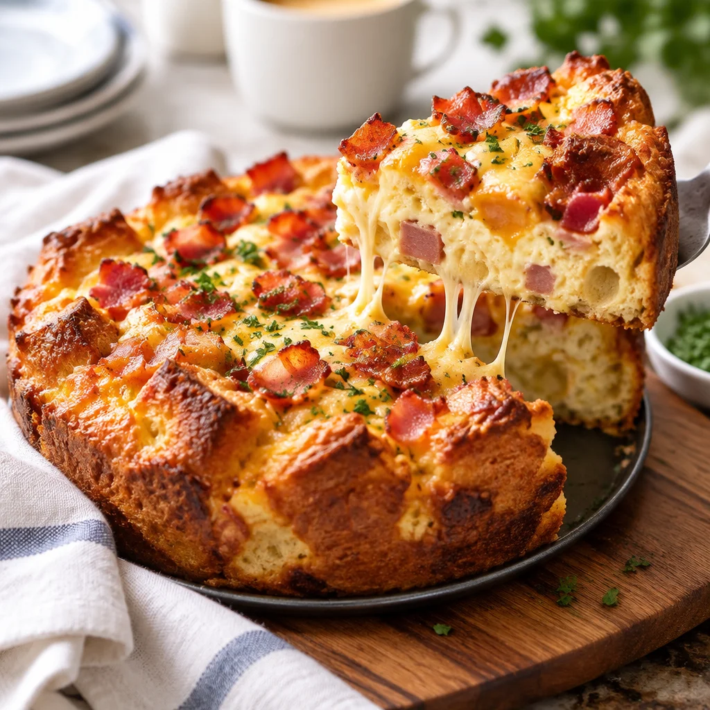 A tasty Easy Breakfast Strata Recipe with Cheese and Bacon prepared in a baking dish.