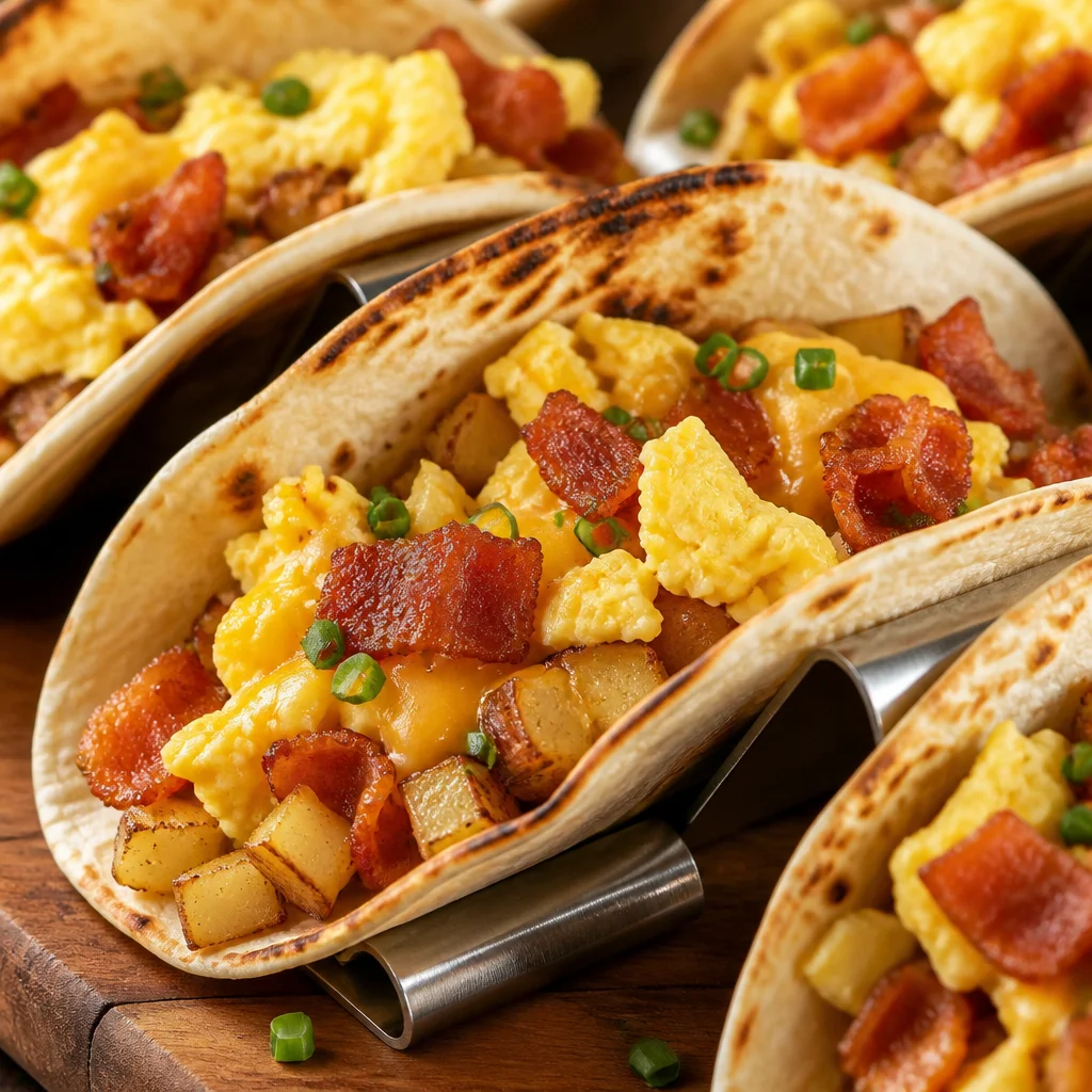 Plated easy breakfast tacos with scrambled eggs, bacon, and avocado toppings.