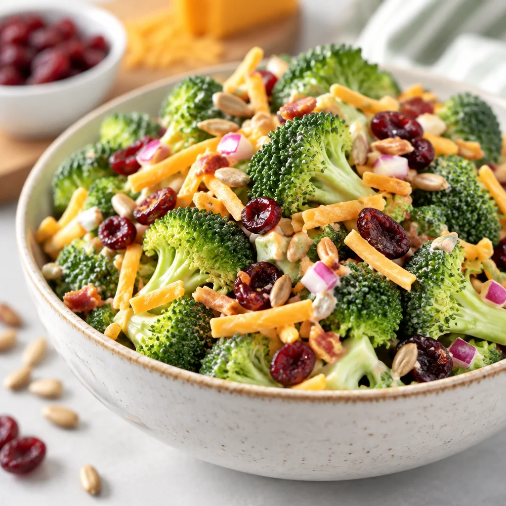 Easy Broccoli Salad Recipe with Bacon and Cranberries in a bowl