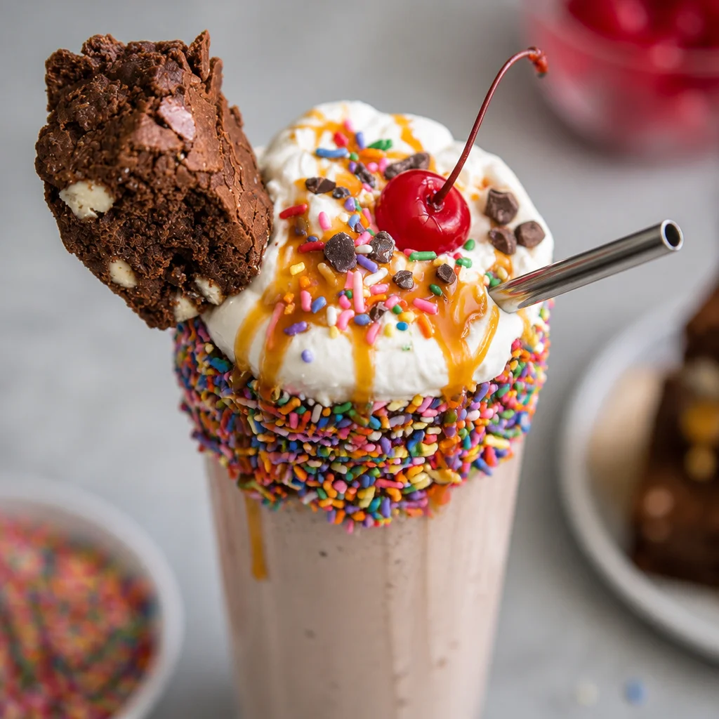 Delicious easy Brownie Milkshake topped with whipped cream and chocolate syrup.