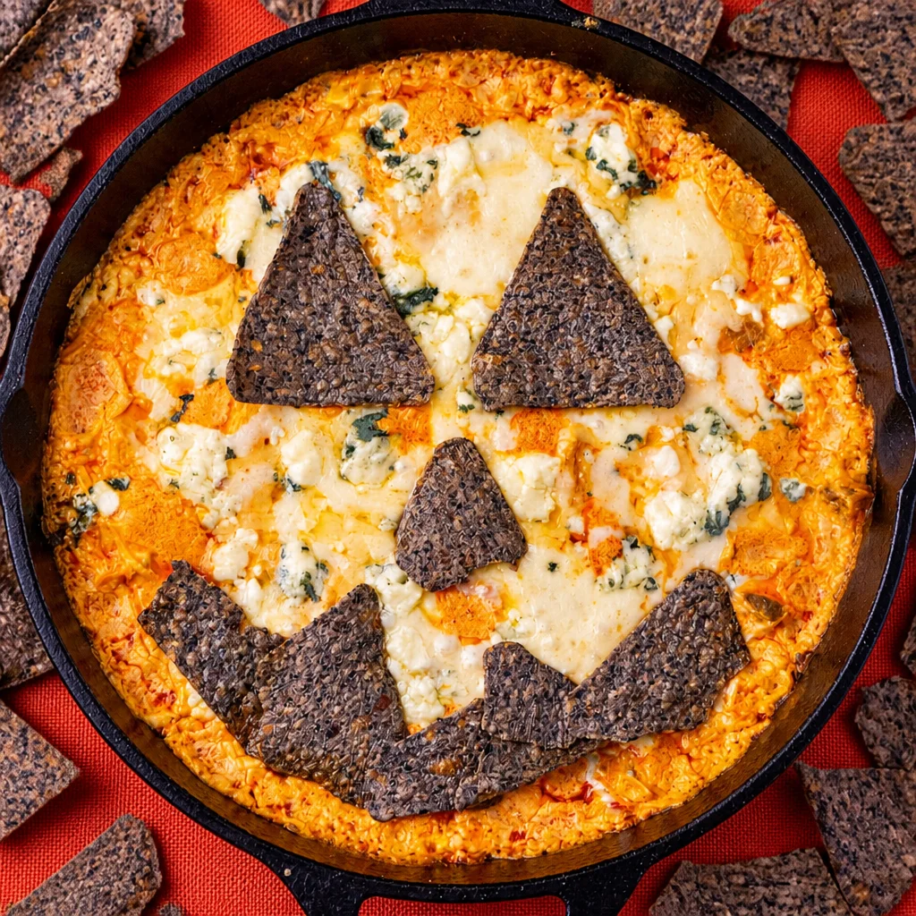 Easy Buffalo Chicken Dip recipe for Halloween party, perfect for dipping.